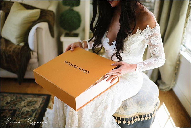 Bride opening gift, Gift from groom, Louie Vuitton, Spring Wedding, Detroit Yacht Club, Belle Isle, Detroit Wedding, Sarah Kossuch Photography