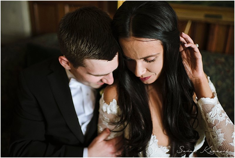 Bride and Groom Embrace, Wedding Portraits, Dramatic Lighting, Library at Detroit Yacht Club, Spring Wedding, Detroit Yacht Club, Belle Isle, Detroit Wedding, Sarah Kossuch Photography