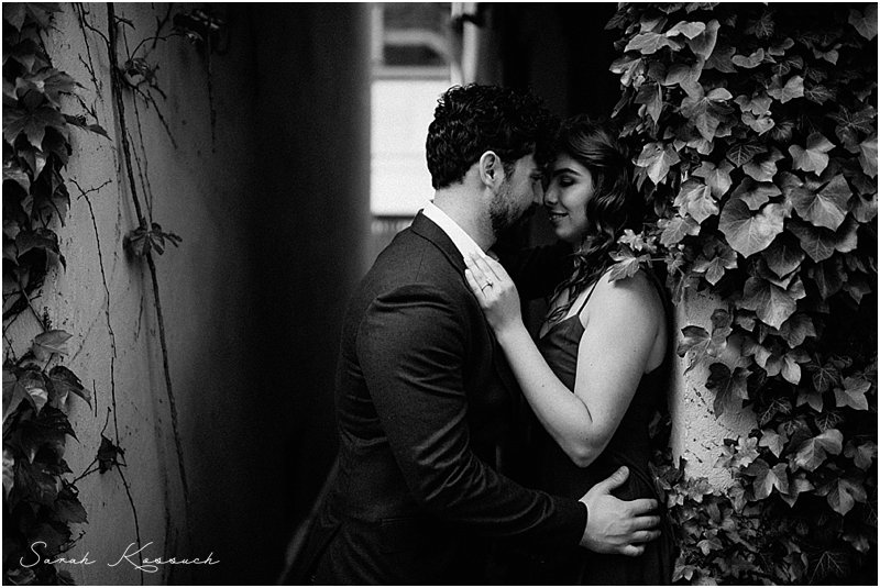 black and white, couple embracing in the vines