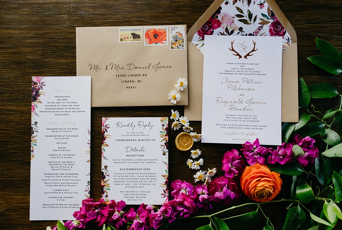 Flat lay of wedding invitation