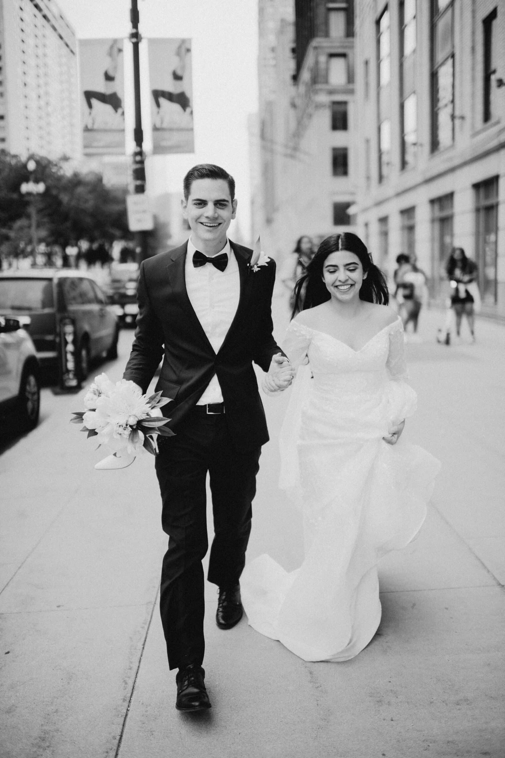 Classic Wedding in Downtown Detroit of couple in black and white.